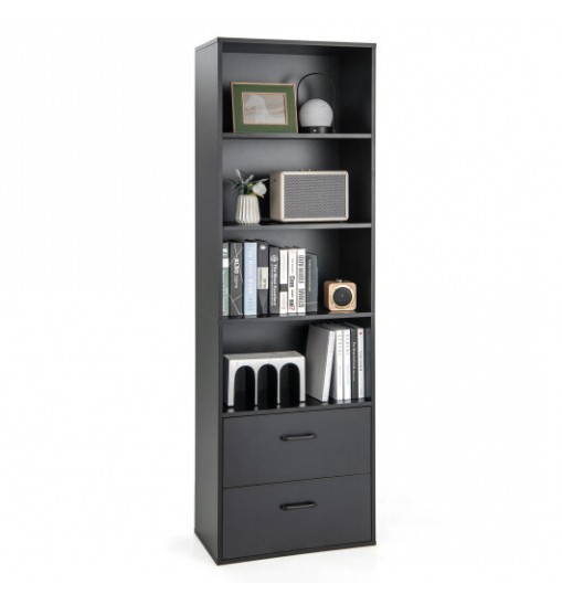 6-Tier Tall Freestanding Bookshelf with 4 Open Shelves and 2 Drawers-Black