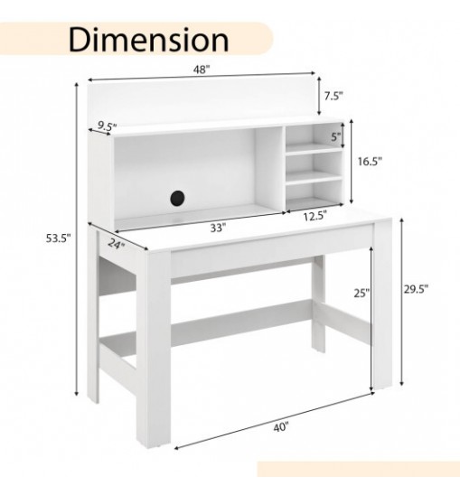 48 Inch Writing Computer Desk with Anti-Tipping Kits and Cable Management Hole-White