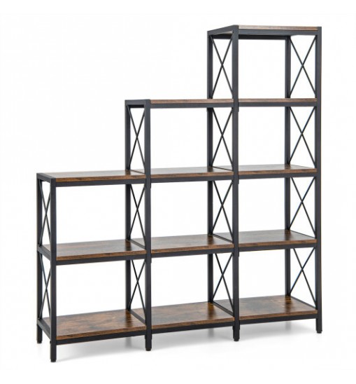 9 Cubes Bookcase with Carbon Steel Frame for Home Office-Rustic Brown