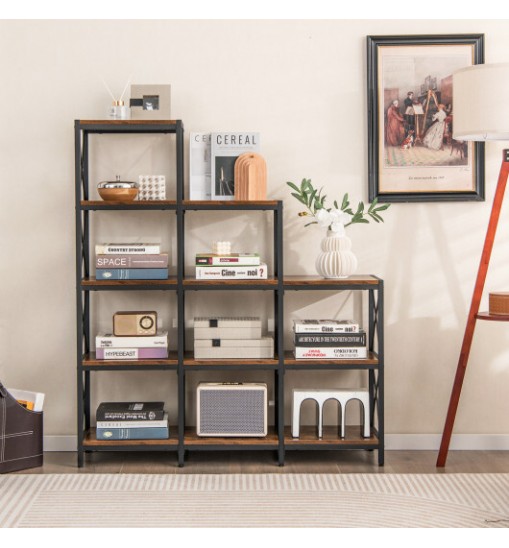 9 Cubes Bookcase with Carbon Steel Frame for Home Office-Rustic Brown