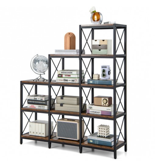 9 Cubes Bookcase with Carbon Steel Frame for Home Office-Rustic Brown