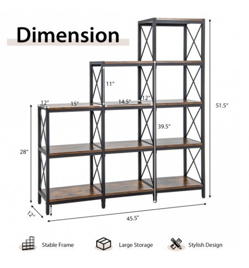 9 Cubes Bookcase with Carbon Steel Frame for Home Office-Rustic Brown