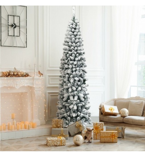 7.5 Feet Unlit Hinged Snow Flocked Artificial Pencil Christmas Tree with 641 Tips