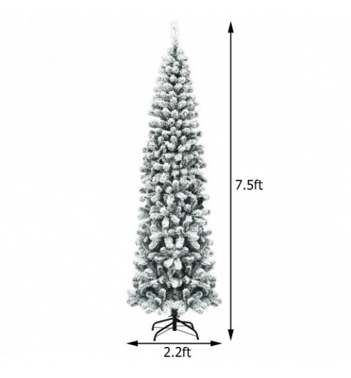 7.5 Feet Unlit Hinged Snow Flocked Artificial Pencil Christmas Tree with 641 Tips