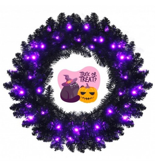 24 Inch Pre-lit Halloween Wreath with 35 Purple LED Lights