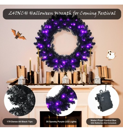 24 Inch Pre-lit Halloween Wreath with 35 Purple LED Lights