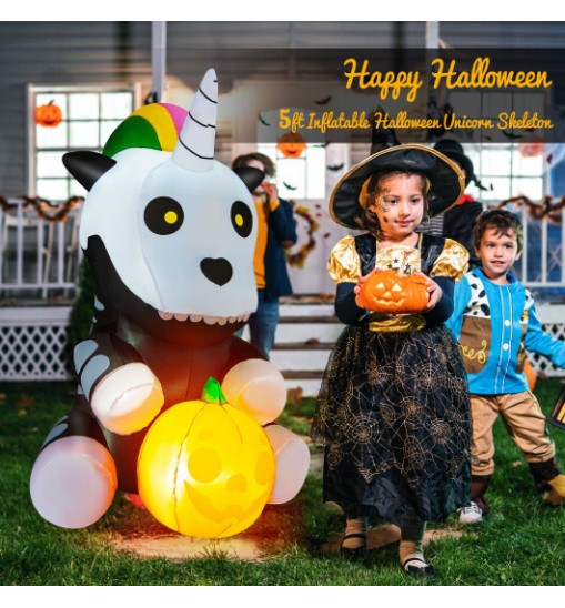 5 Feet Halloween Inflatable Unicorn Skeleton with Pumpkin Lantern