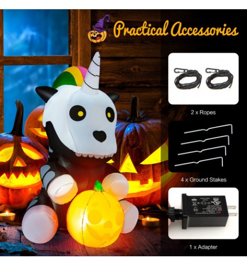 5 Feet Halloween Inflatable Unicorn Skeleton with Pumpkin Lantern