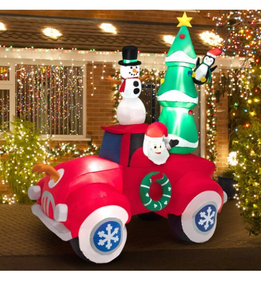 8 Feet Tall Inflatable Santa Claus on Red Truck with LED Lights