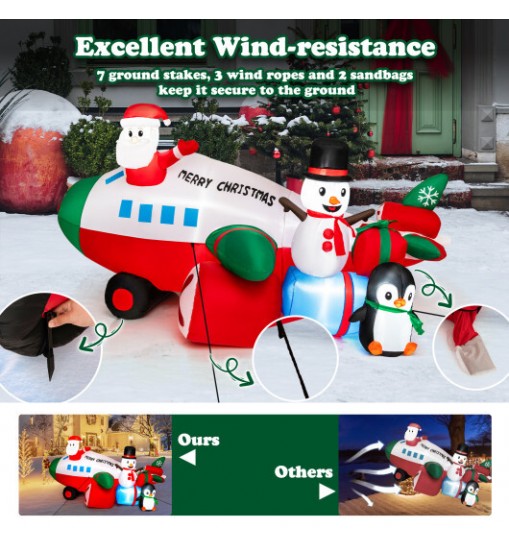 9 Feet Lighted Christmas Inflatable Santa Claus on Helicopter with Penguin