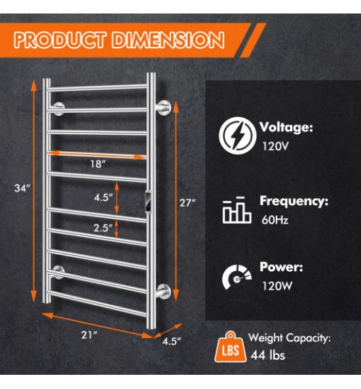 10-bar Heated Wall Mounted Towel Warmer with Timer-Silver