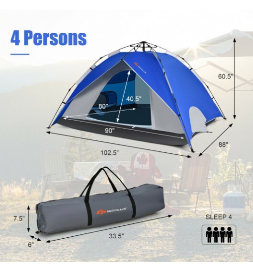 2-in-1 4 Person Instant Pop-up Waterproof Camping Tent-Blue