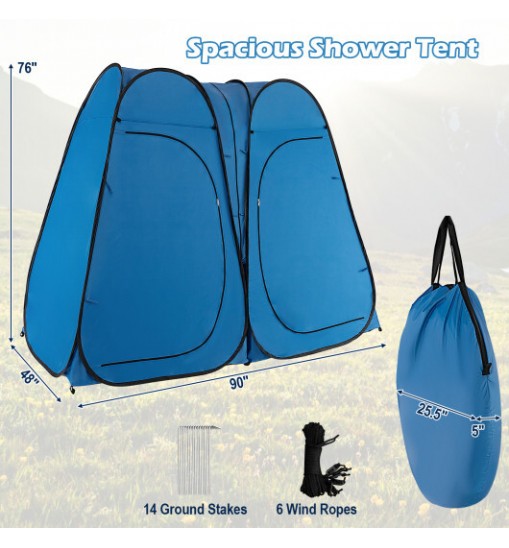 Oversized Pop Up Shower Tent with Window Floor and Storage Pocket-Blue