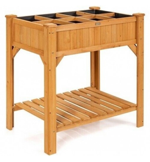 8 Grids Wood Elevated Garden Planter Box Kit with Liner and Shelf