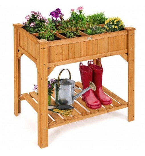 8 Grids Wood Elevated Garden Planter Box Kit with Liner and Shelf