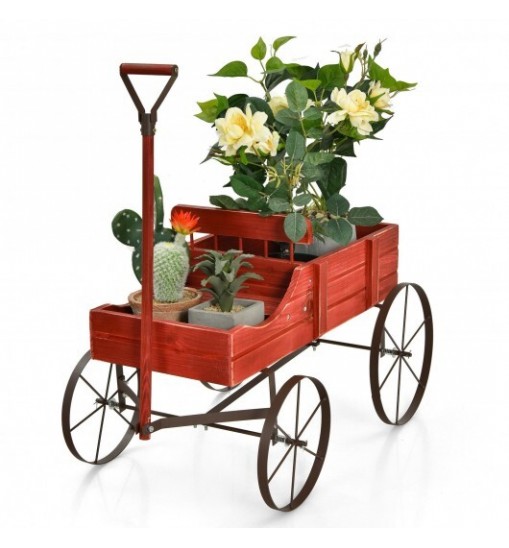 Wooden Wagon Plant Bed With Wheel for Garden Yard-Red