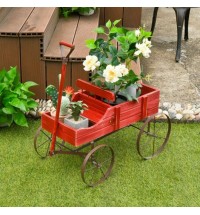 Wooden Wagon Plant Bed With Wheel for Garden Yard-Red