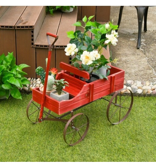 Wooden Wagon Plant Bed With Wheel for Garden Yard-Red