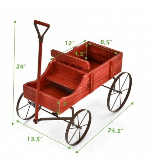 Wooden Wagon Plant Bed With Wheel for Garden Yard-Red