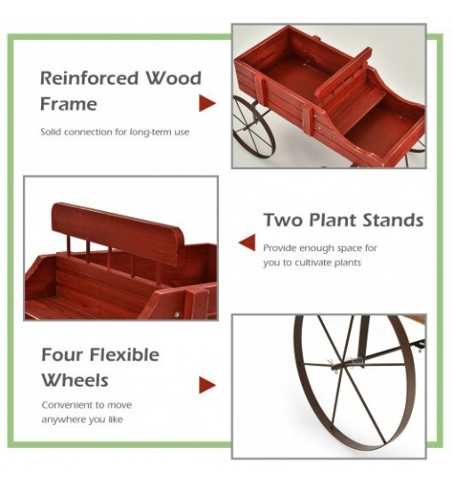 Wooden Wagon Plant Bed With Wheel for Garden Yard-Red