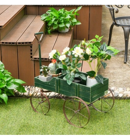 Wooden Wagon Plant Bed With Wheel for Garden Yard-Red