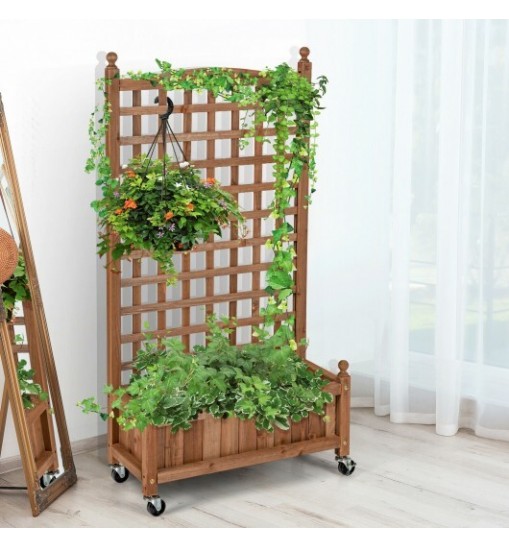 50 Inch Wood Planter Box with Trellis Mobile Raised Bed for Climbing Plant