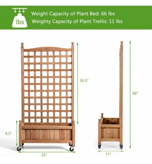 50 Inch Wood Planter Box with Trellis Mobile Raised Bed for Climbing Plant