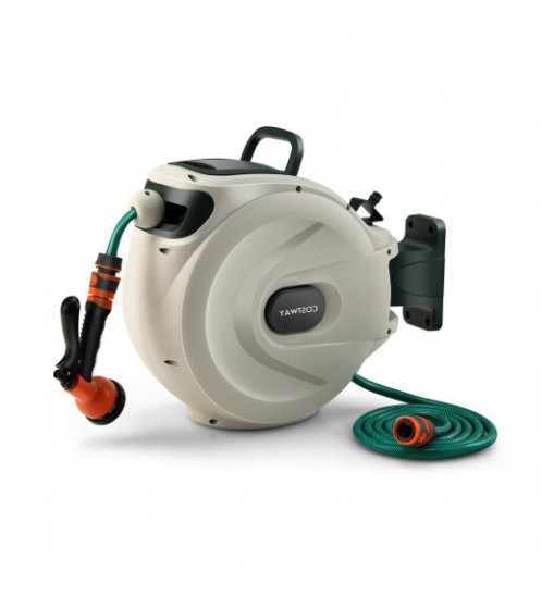 Wall Mounted Retractable Garden Hose Reel with Hose Nozzle