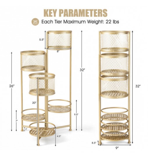 6-Tier Metal Plant Stand with Folding Rotatable Frame for Balcony Garden-Golden