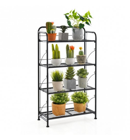 4-Tier Folding Plant Stand with Adjustable Shelf and Feet-Black