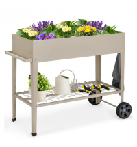 Metal Raised Garden Bed with Storage Shelf Hanging Hooks and Wheels-Light Brown