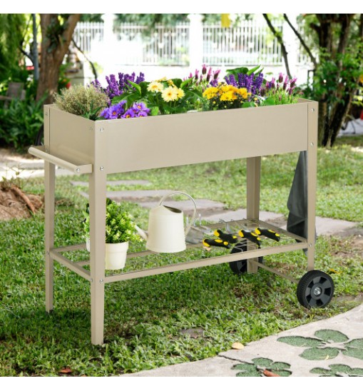 Metal Raised Garden Bed with Storage Shelf Hanging Hooks and Wheels-Light Brown