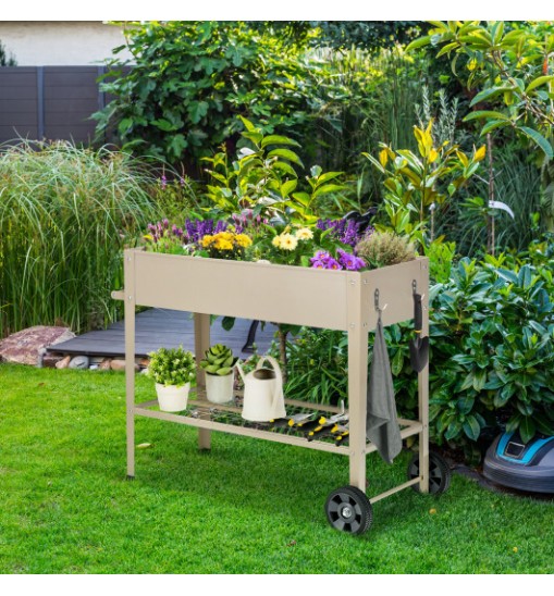 Metal Raised Garden Bed with Storage Shelf Hanging Hooks and Wheels-Light Brown