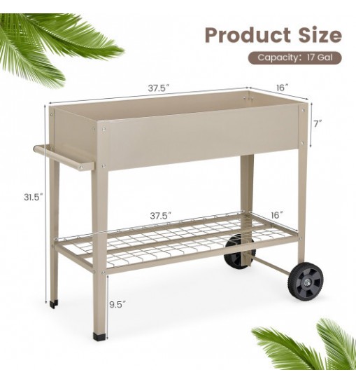 Metal Raised Garden Bed with Storage Shelf Hanging Hooks and Wheels-Light Brown