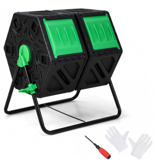 Dual Chamber Garden Compost Tumbler with Sliding Doors-Black & Green