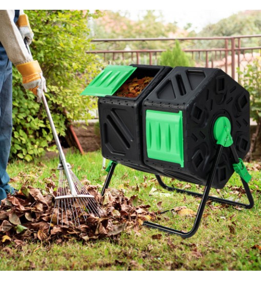 Dual Chamber Garden Compost Tumbler with Sliding Doors-Black & Green