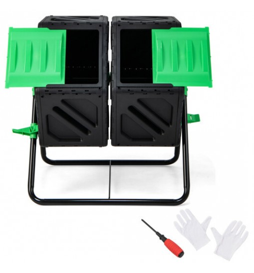 Dual Chamber Garden Compost Tumbler with Sliding Doors-Black & Green