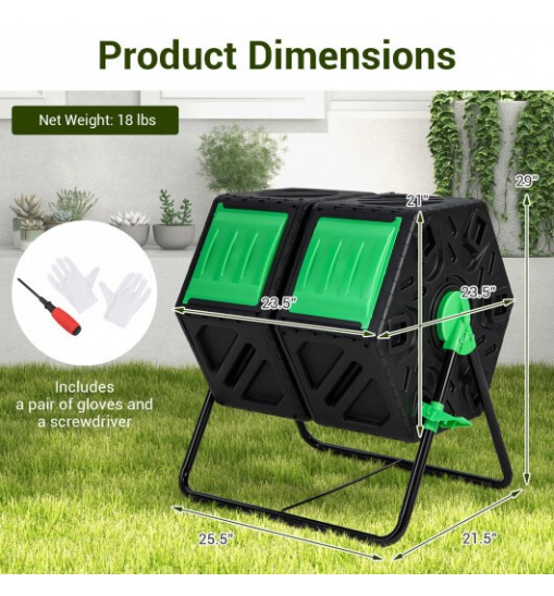 Dual Chamber Garden Compost Tumbler with Sliding Doors-Black & Green