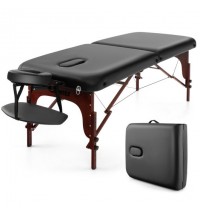 Folding Massage Table with Height-adjustable Beech Wood Frame-Black