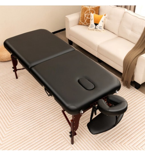 Folding Massage Table with Height-adjustable Beech Wood Frame-Black