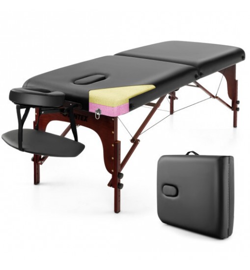 Folding Massage Table with Height-adjustable Beech Wood Frame-Black