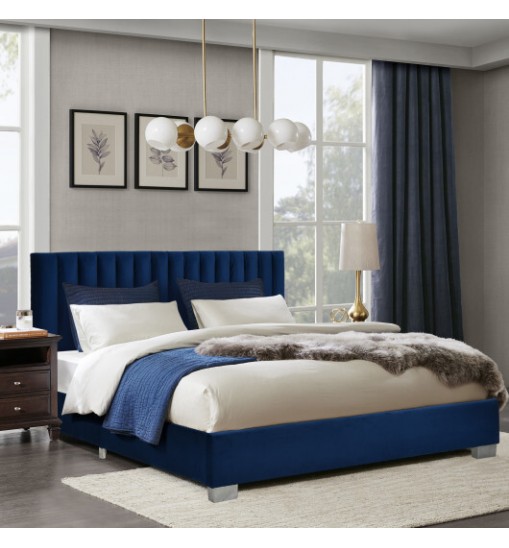 Full Tufted Upholstered Platform Bed Frame with Flannel Headboard-Navy