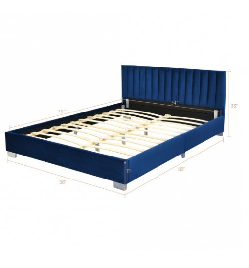 Full Tufted Upholstered Platform Bed Frame with Flannel Headboard-Navy