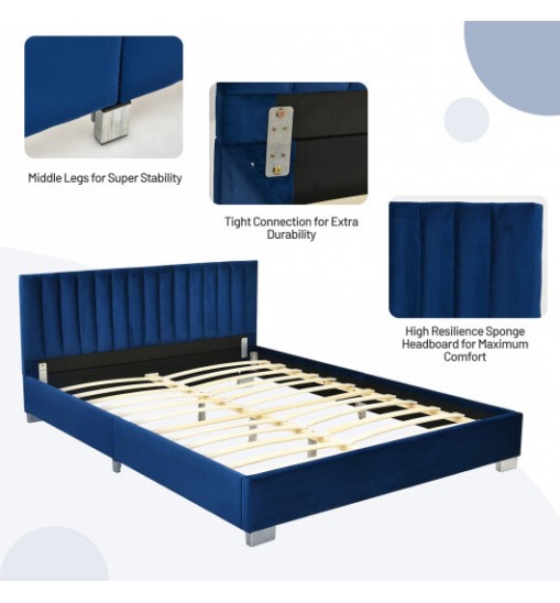 Full Tufted Upholstered Platform Bed Frame with Flannel Headboard-Navy