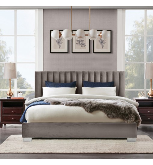 Full Tufted Upholstered Platform Bed Frame with Flannel Headboard-Navy