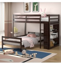 Twin Over Twin Loft Bunk Bed with Bookcase-Dark Brown