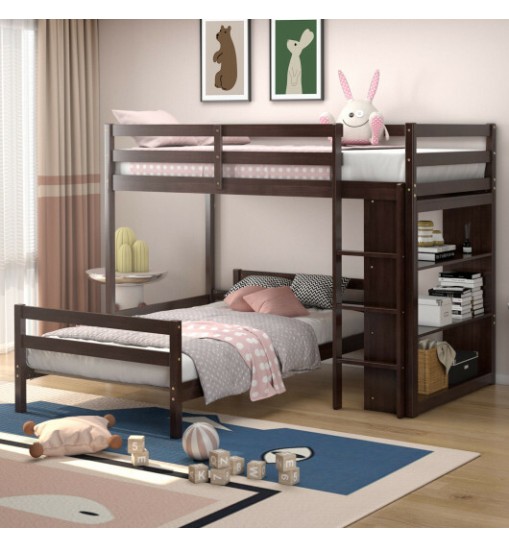 Twin Over Twin Loft Bunk Bed with Bookcase-Dark Brown