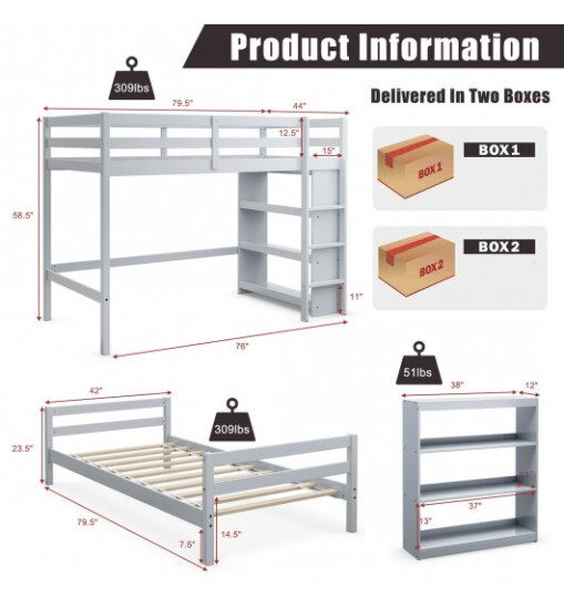 Twin Over Twin Loft Bunk Bed with Bookcase-Dark Brown