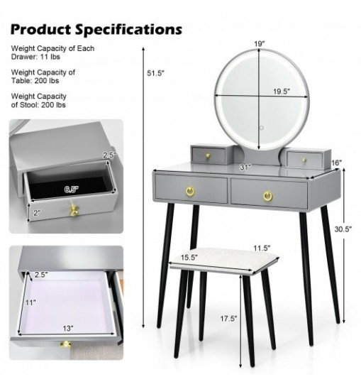 Vanity Table Set with Mirror-Gray