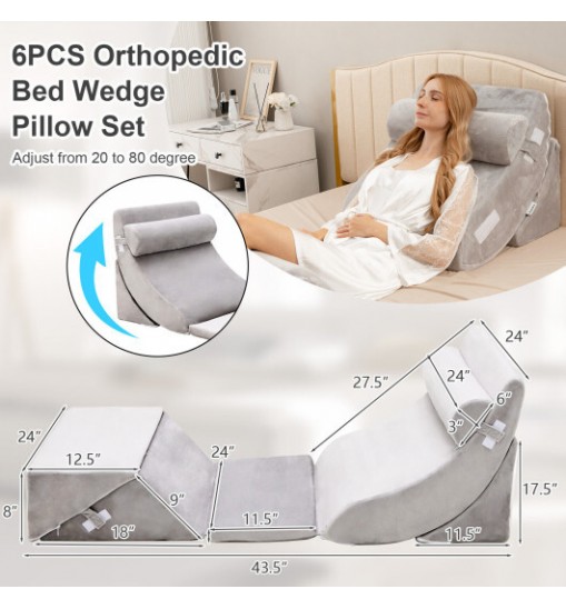 6 Pieces Bed Wedge Pillow Set for Neck Back and Leg Pain Relief-Gray